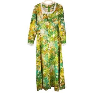 VINTAGE Handmade Floral Maxi Dress Lace Trim 60s 70s Long Sleeve Sz XS